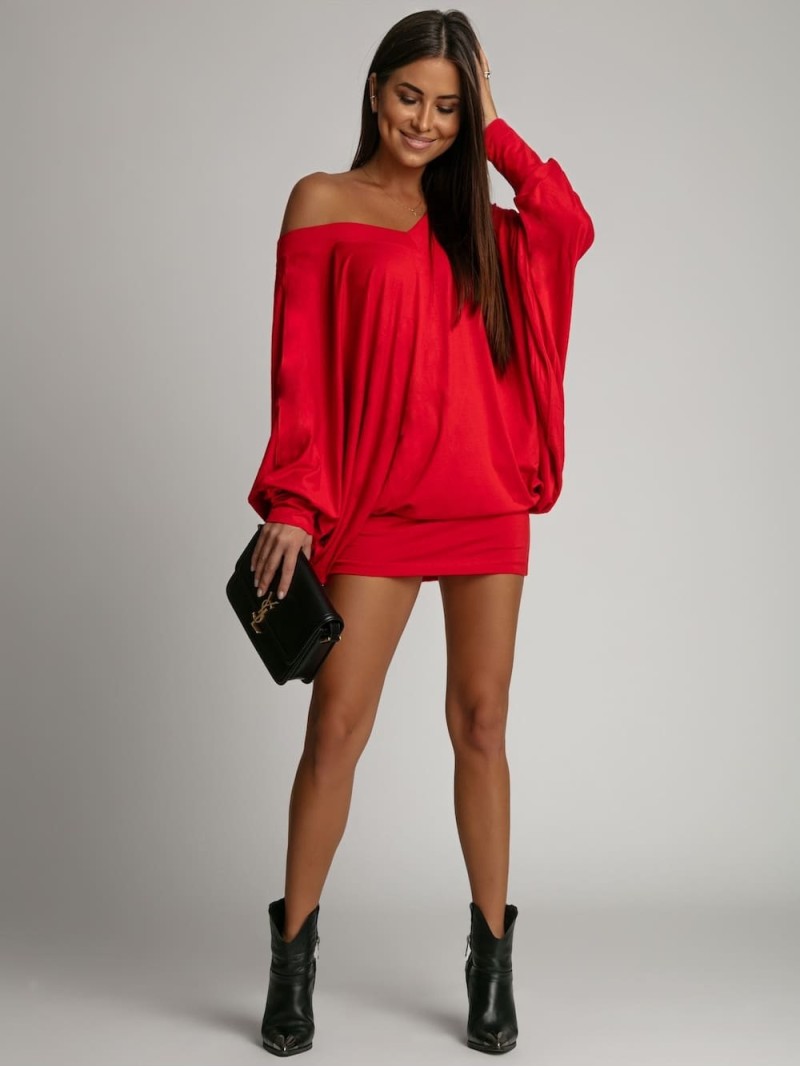 Multifunctional dress/tunic/blouse with batwing sleeves 3 in 1 red FG632